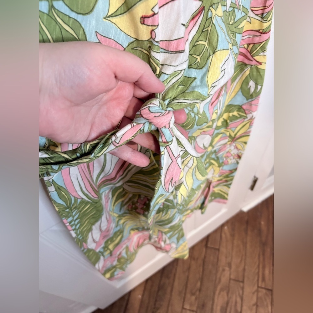 Talbots Tie-Detail Knit Shift Dress – Tropical Green & Pink Print – Size Large - Picture 6 of 9